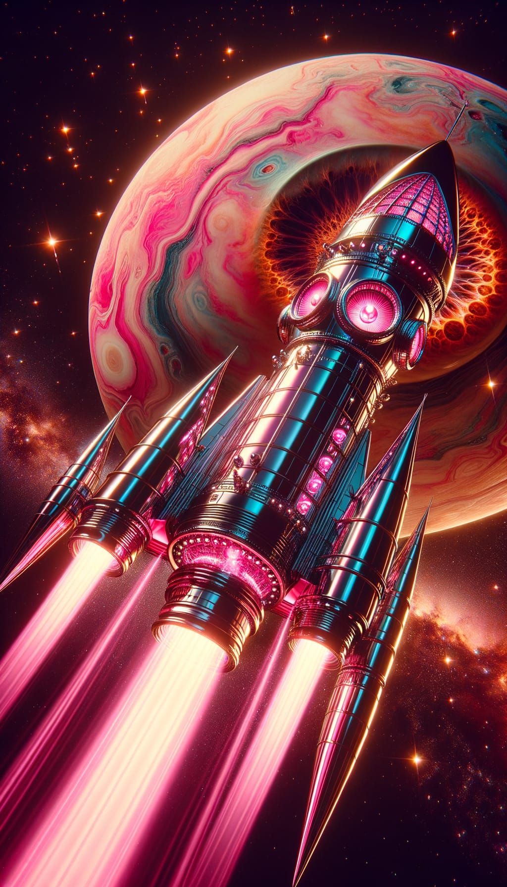 Chrome Rocket Ascends Past Marbled Planet in Neon Style