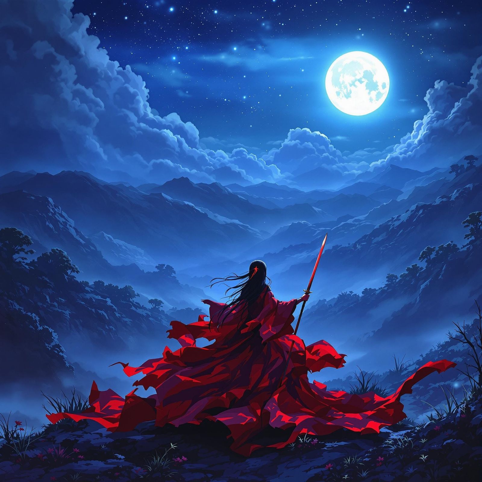 Stunning Red Samurai in Moonlit Night