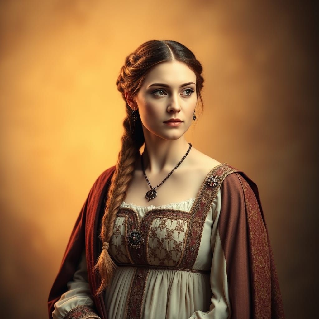 Beautiful woman dressed in 760s A.D. fashion and wearing hairstyle 760s A.D. 8k resolution concept 1900s photograph