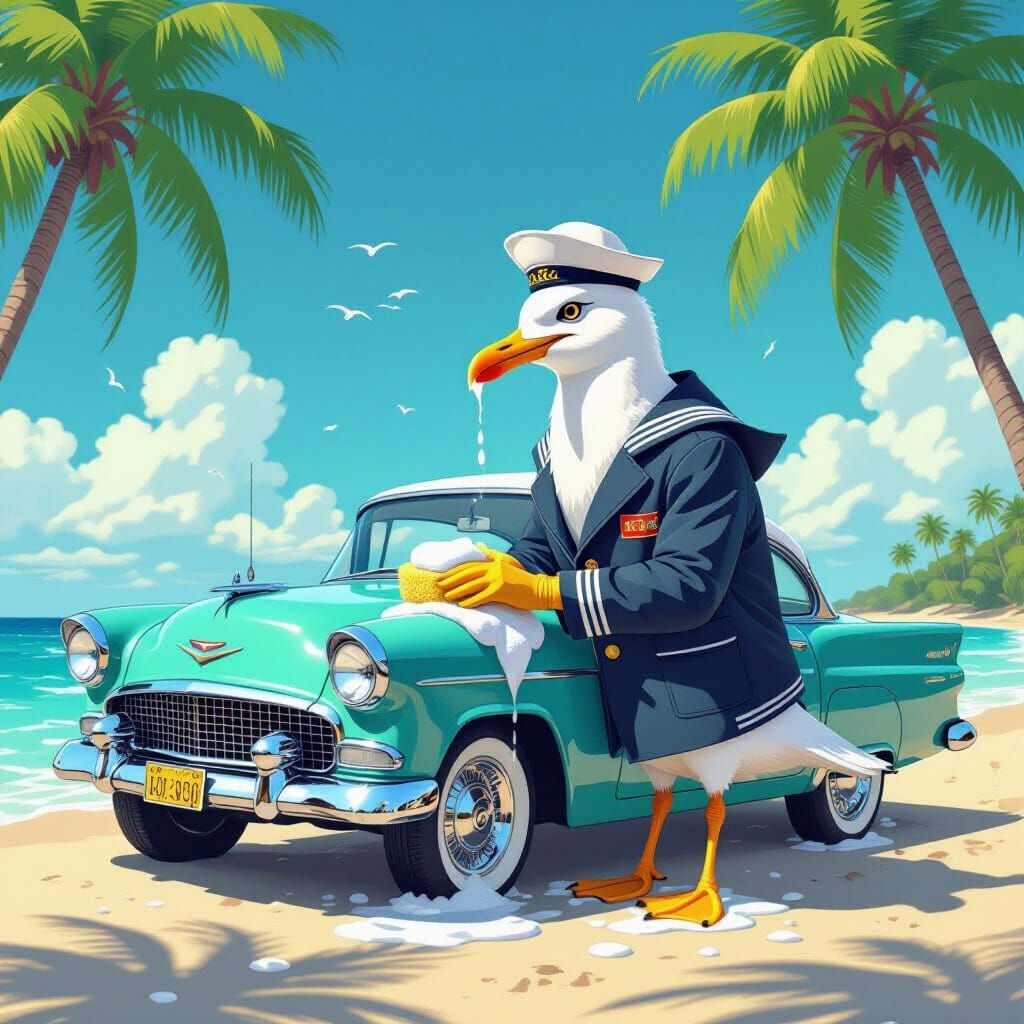 Seagull Washes Vintage Car on Sunny Beach