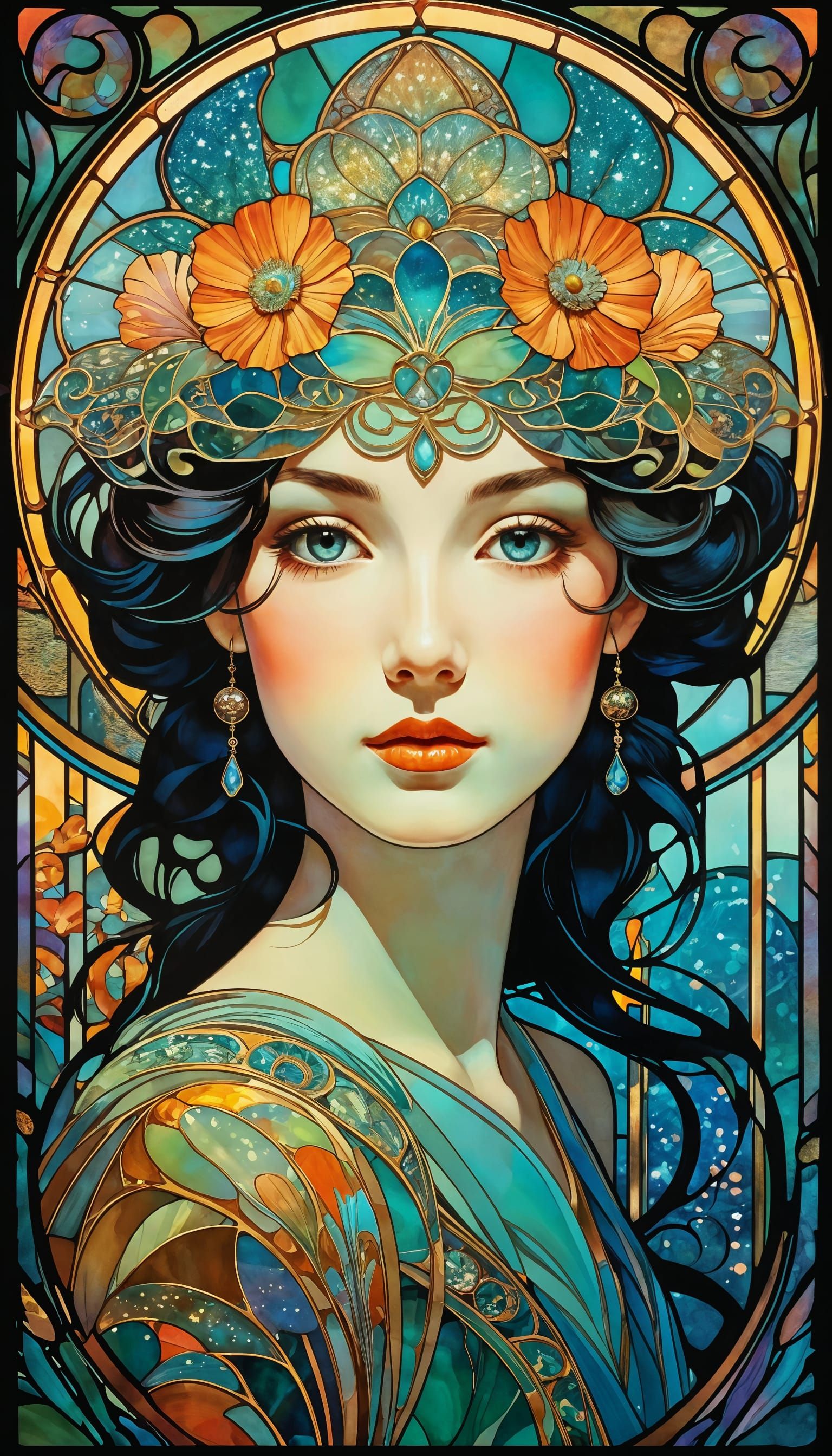 Mesmerizing Face in Art Nouveau Stained Glass Style