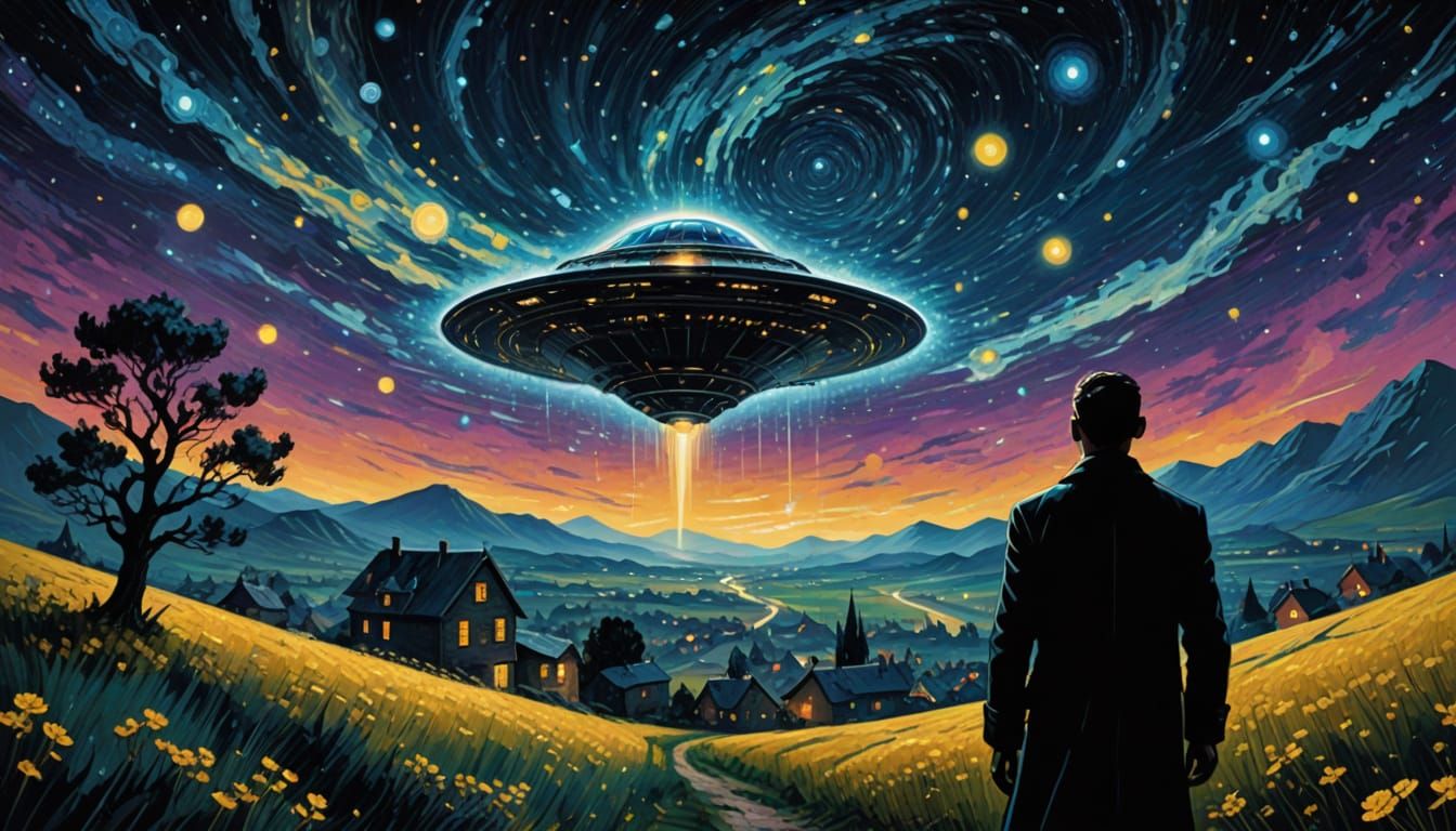 Men in Black Under Van Gogh Starry Night