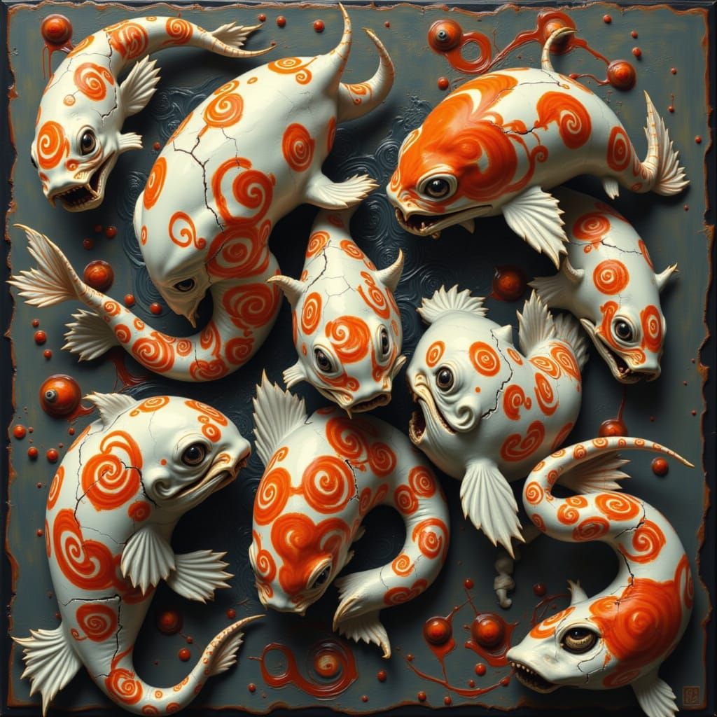 Koi Fish in Broken Porcelain Style
