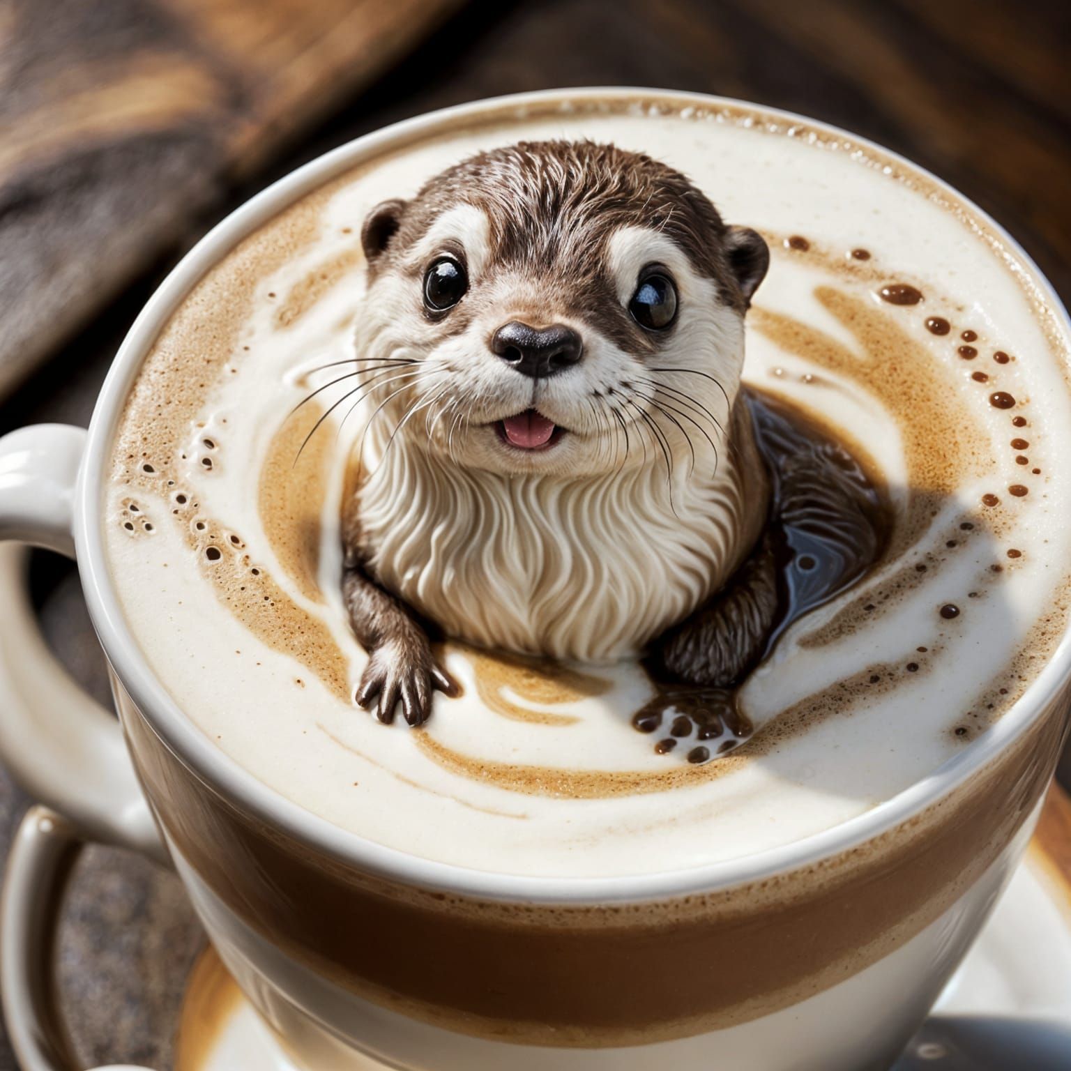 Realistic Close-Up of Cute Otter in Latte, Hyperrealistic Mi...