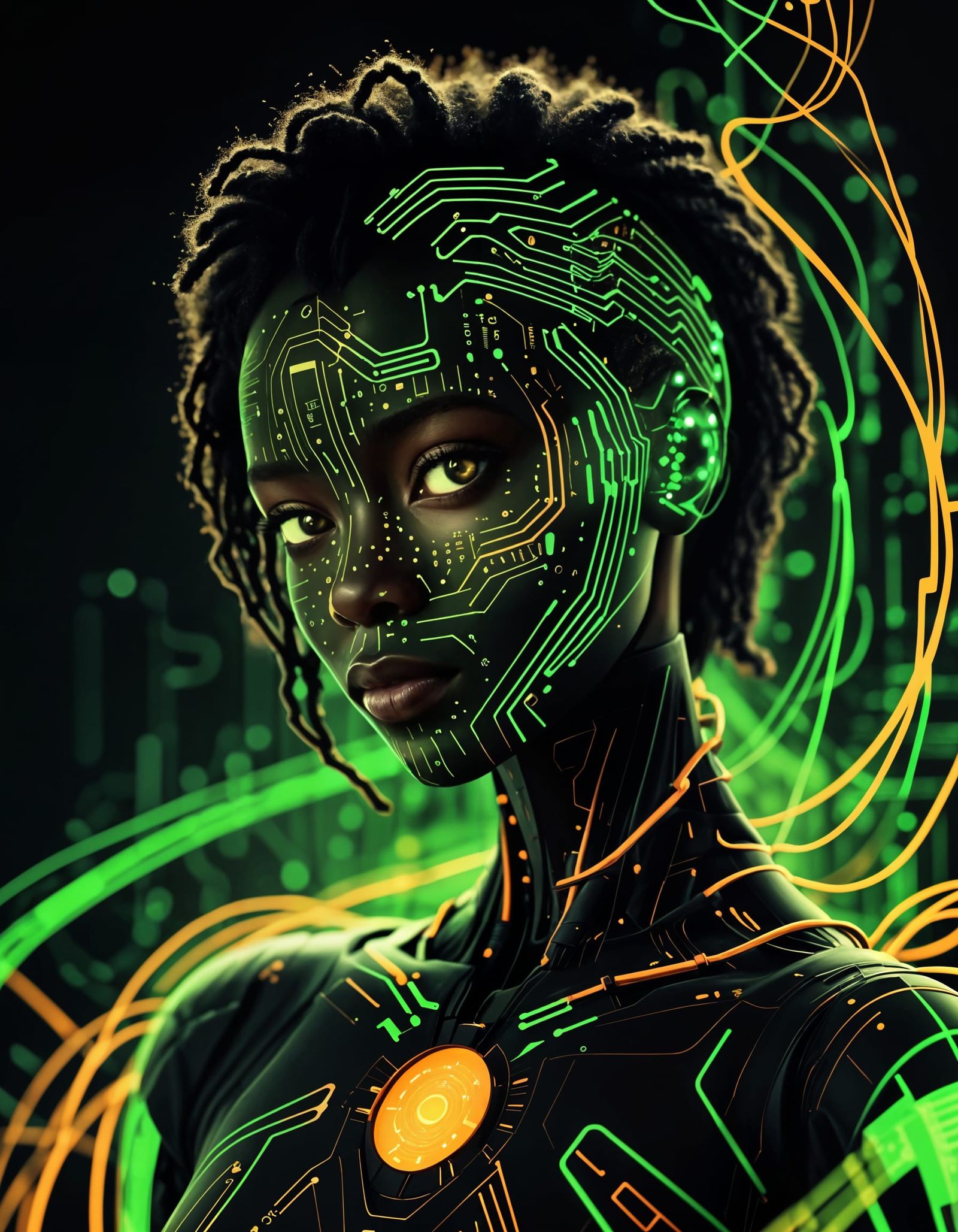 Digital Code Silhouette Against Glowing Circuit Board