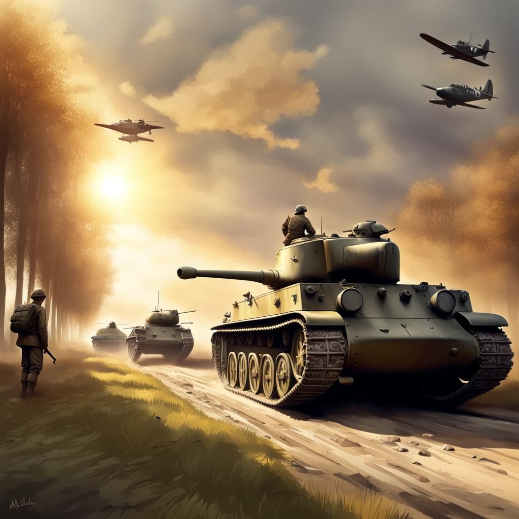 WWII scenario, Soldiers, tanks and aircrafts, battlefield Normandie, detailed painting airbrush art digital art dieselp...