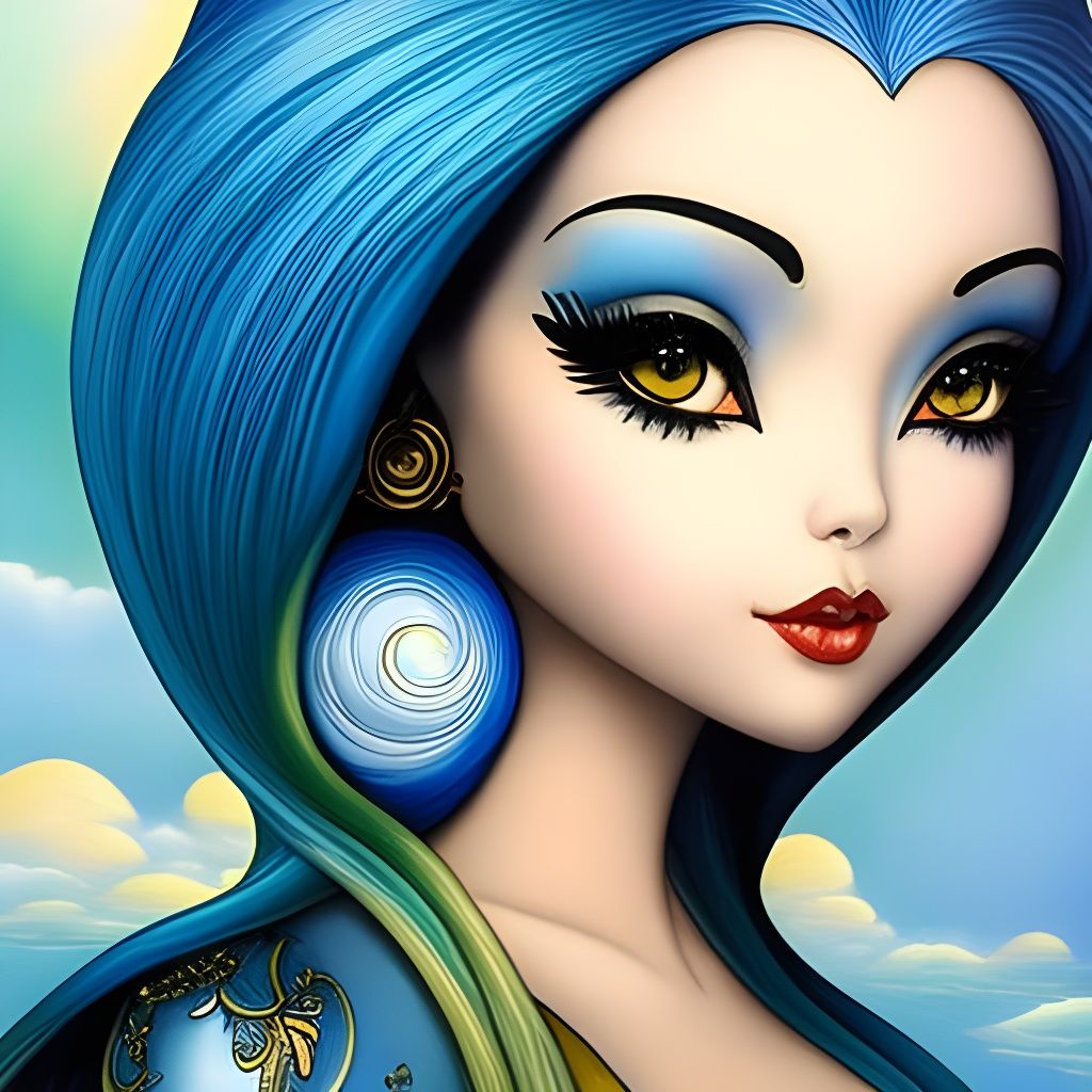 Underwater Portrait of Blue-Haired Girl in Storybook Style