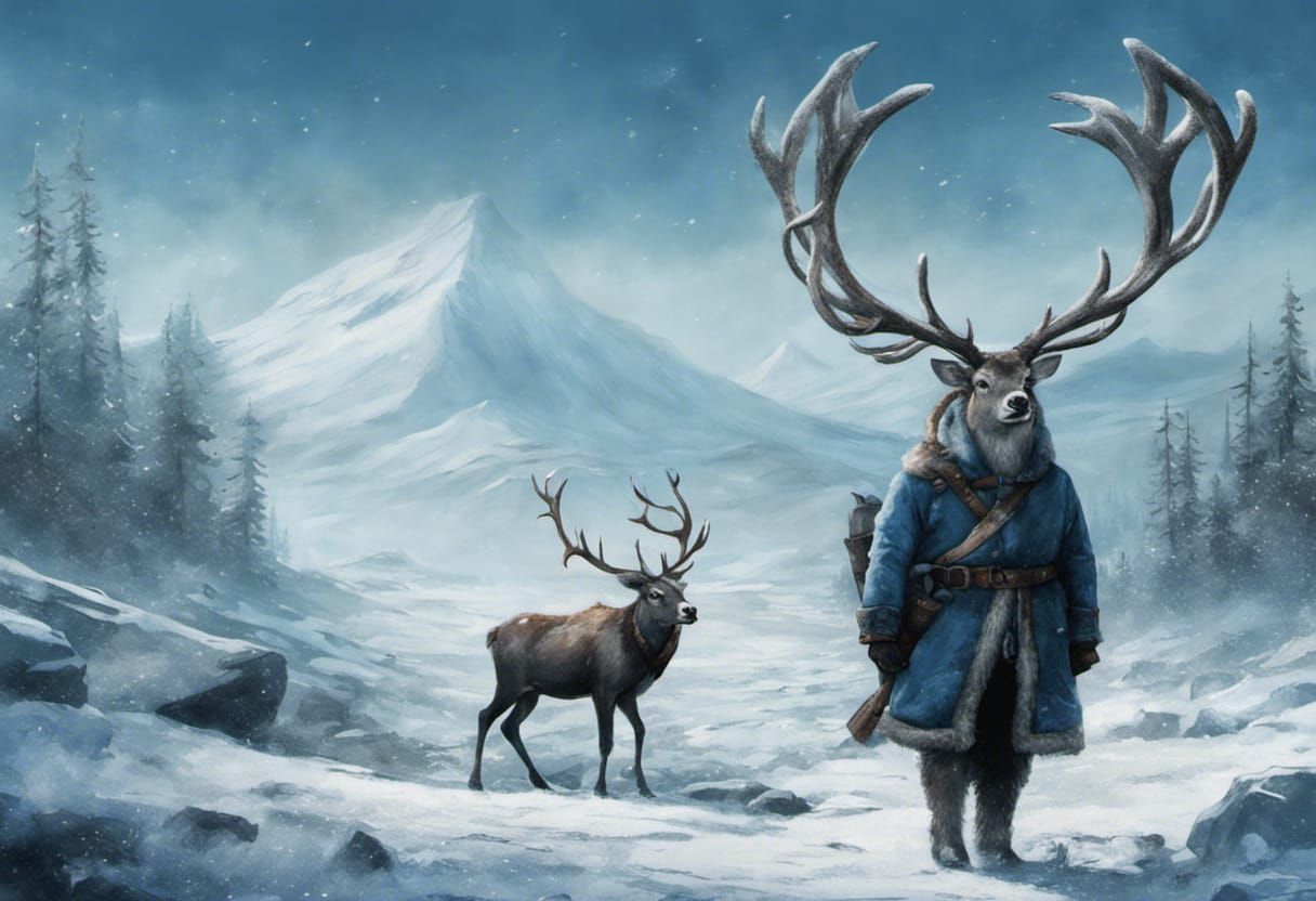 Anthropomorphic Reindeer on Tundra, Fantasy Art