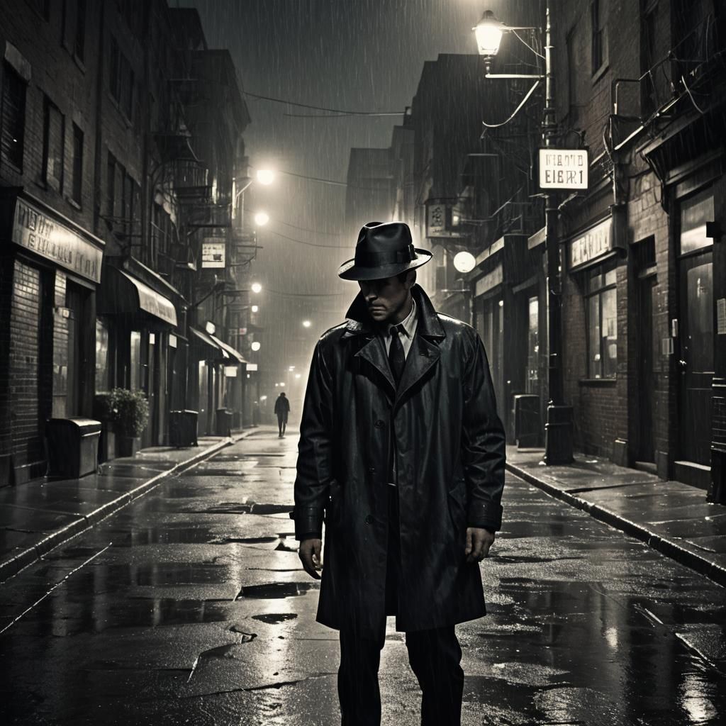Brooding Detective in Rainy Film Noir Alley