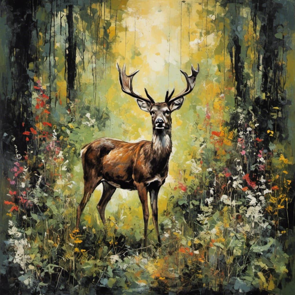 Deer in Sunlit Glade: Neo-Expressionist Summer