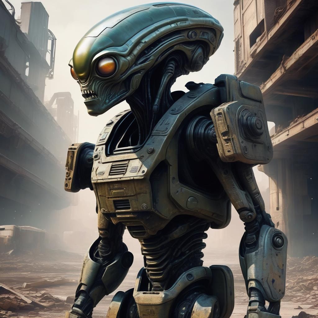 Alien Soldier in Ruined Sci-Fi Landscape