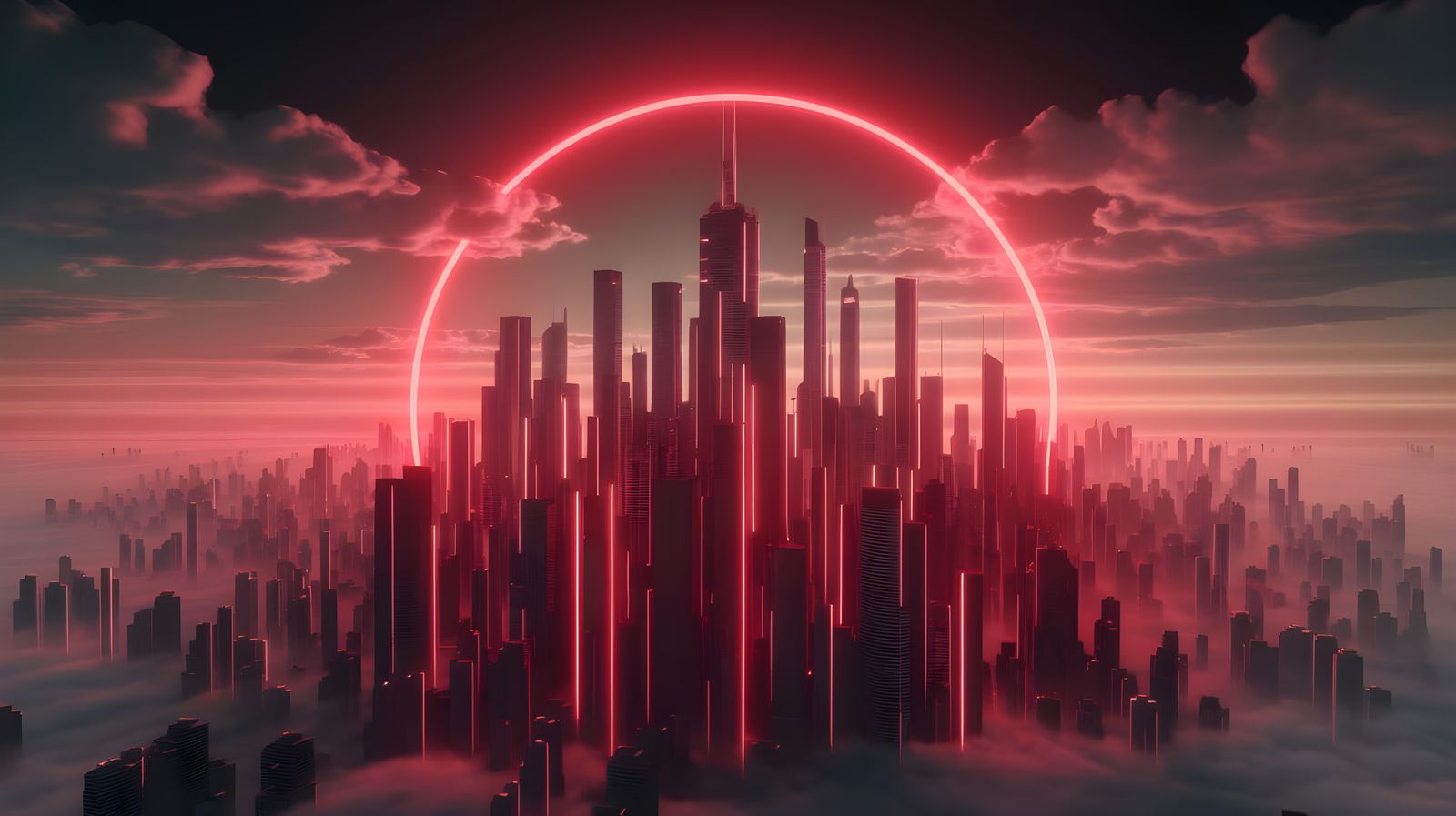 Ethereal Neon Mega City Under Red Moon