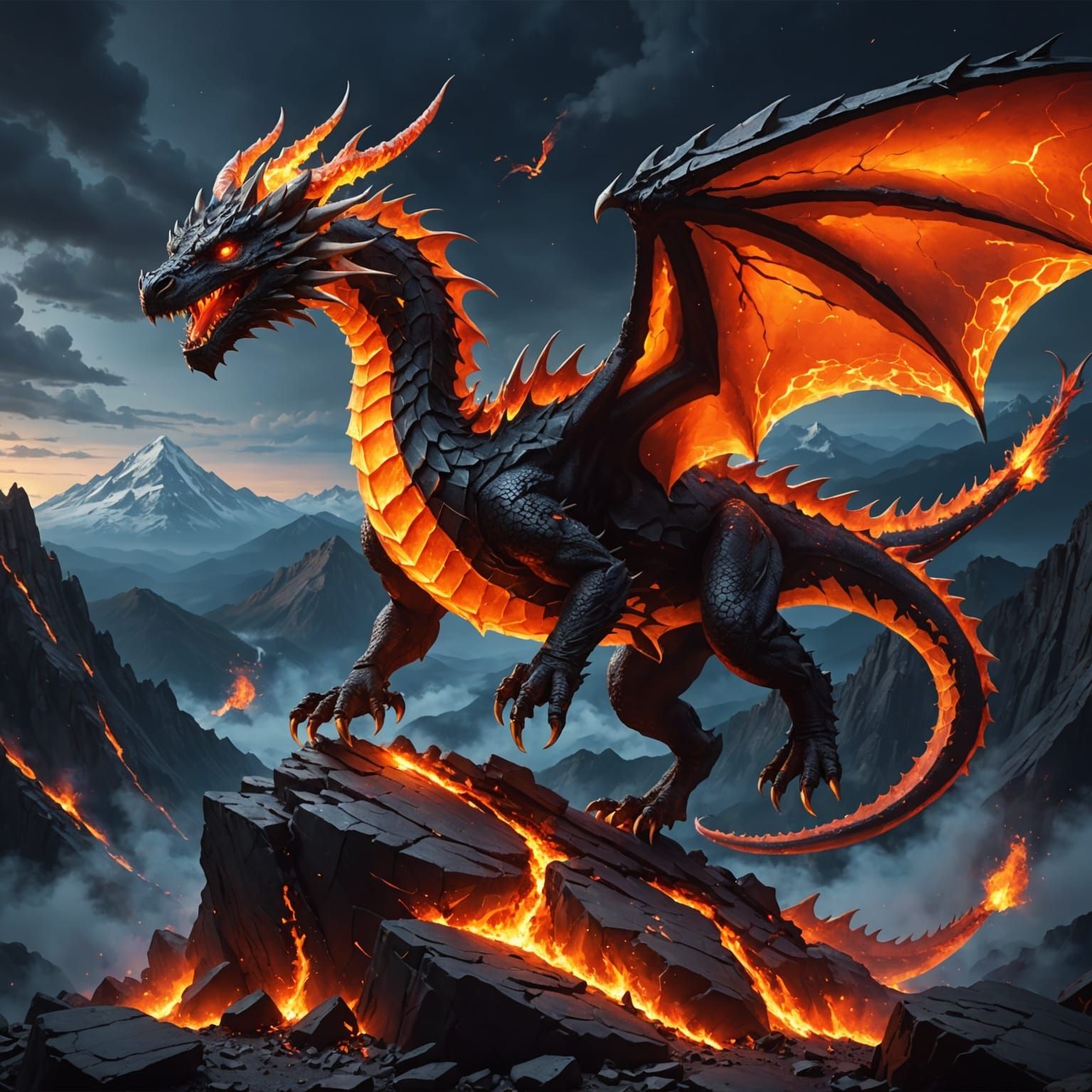 Magma Dragon Flight over Mountain at Night