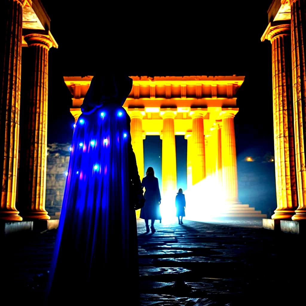 A Hooded Female Figure Illuminates the Golden Greek Gates in...