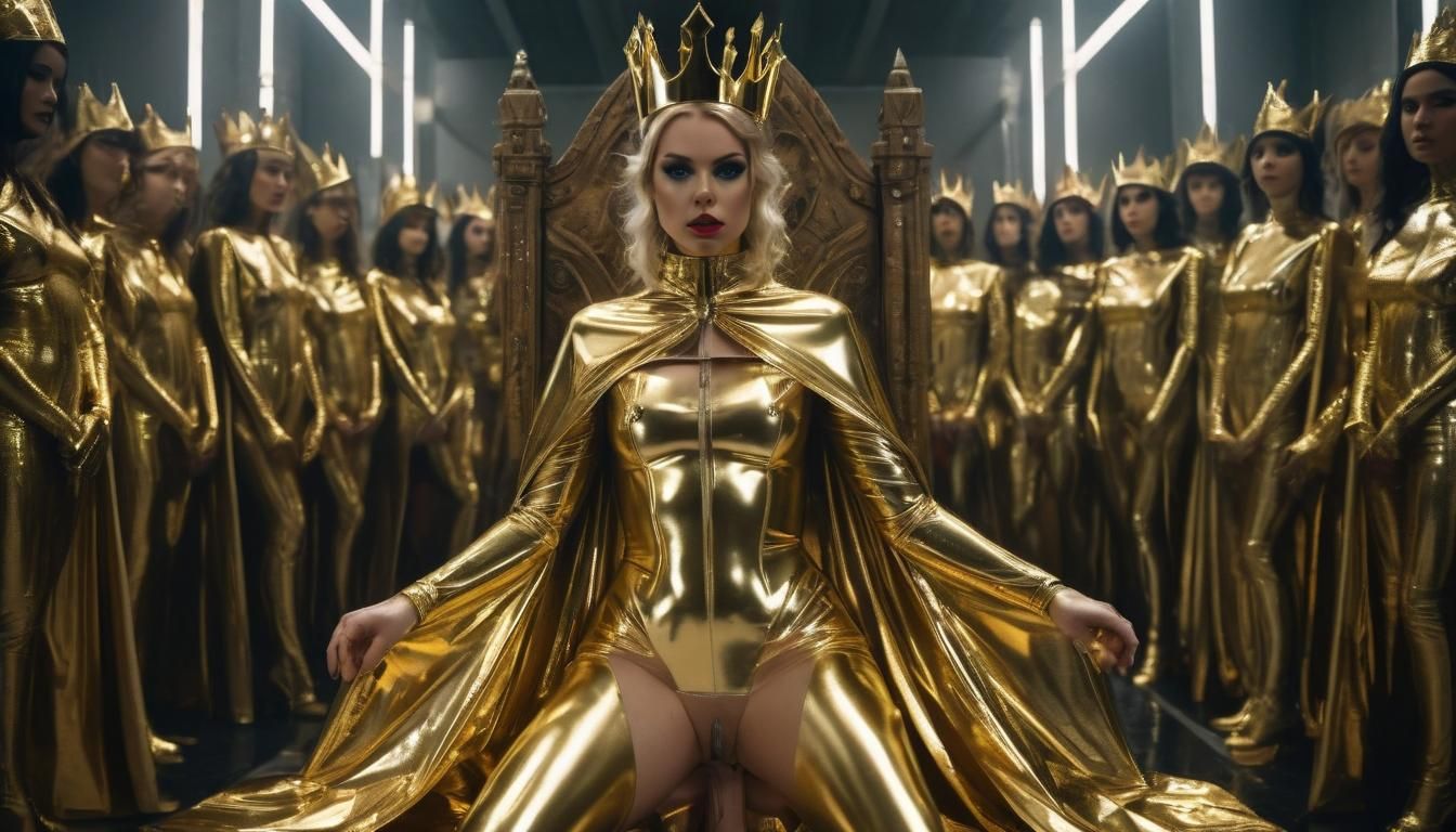 Futuristic Latex Empress in Throne Room: Cinematic Still