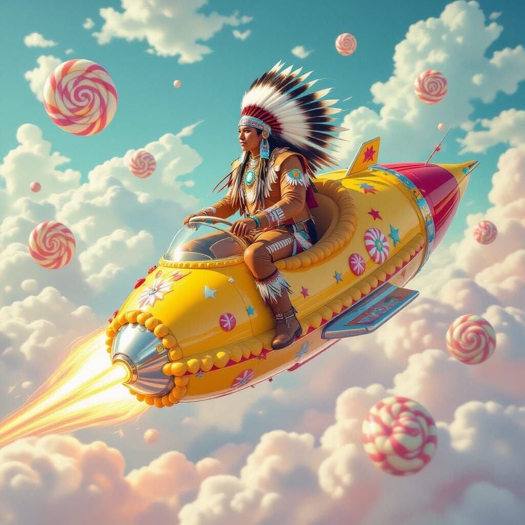 Native American Astronaut Soaring Through Candy Dreamscape