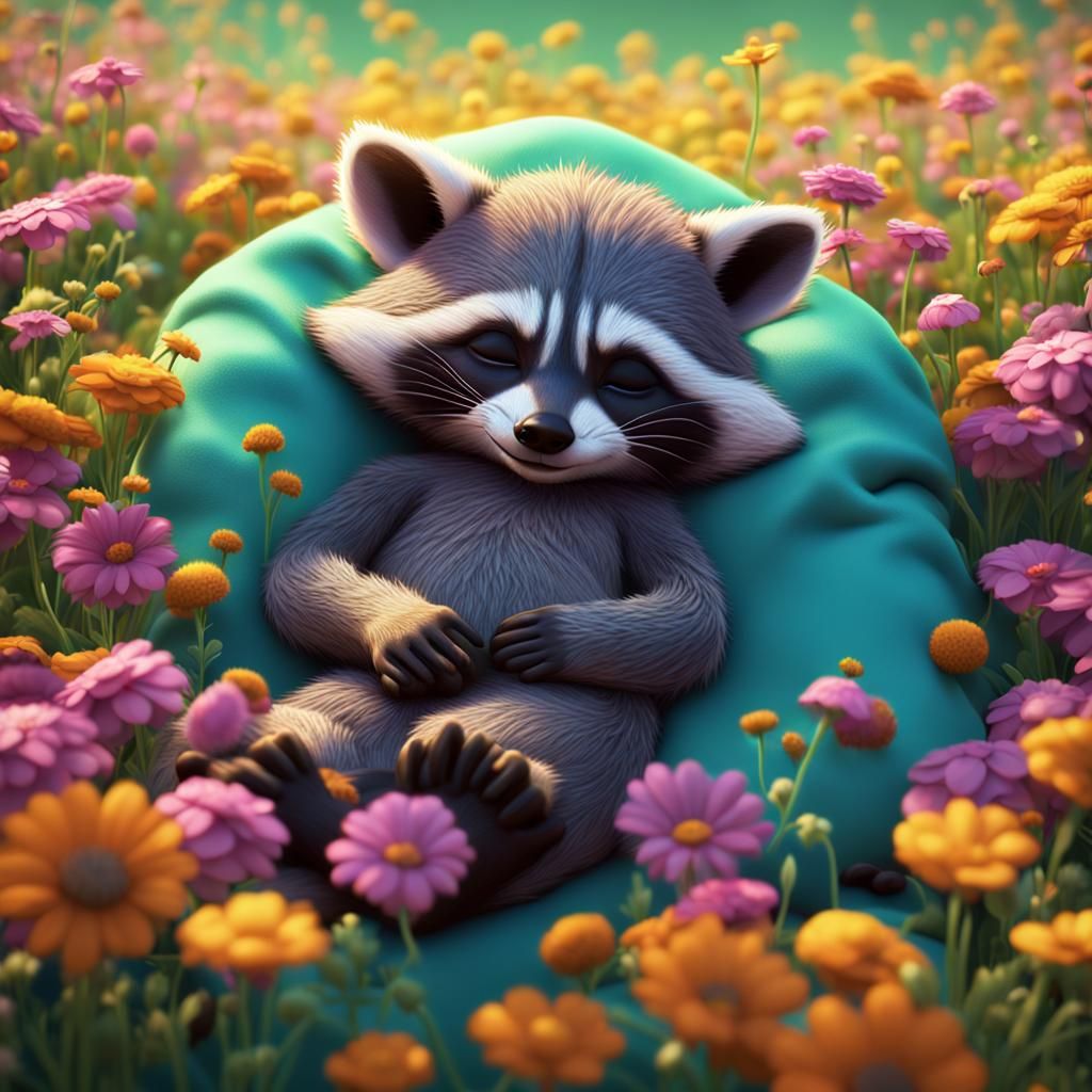 Baby Raccoon and Human Sleeping in Flower Field as 3D Digita...