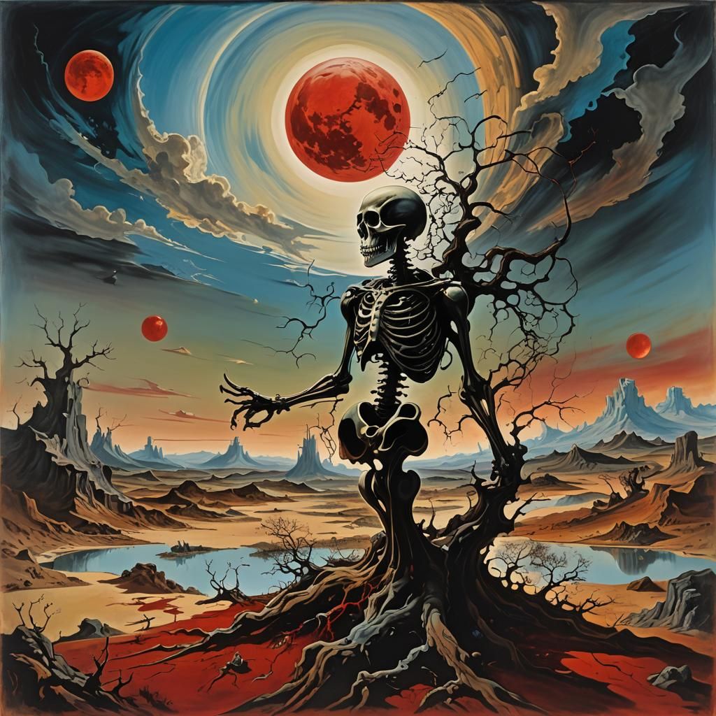Surreal Landscape with Floating Skull and Blood Moon