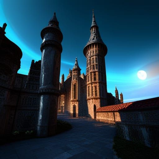 Space-Age European Castle with Dragon, Detailed Matte Painti...