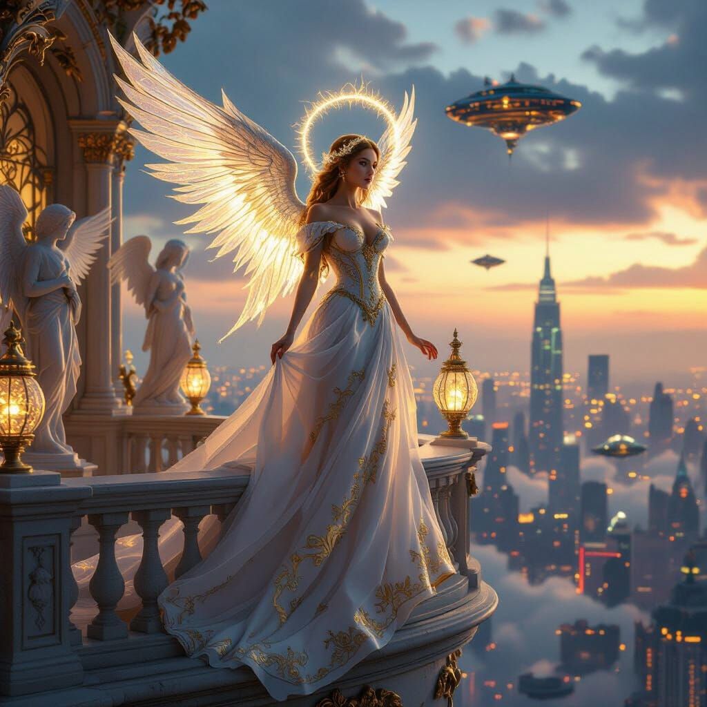 Renaissance Angel Over Futuristic Cityscape