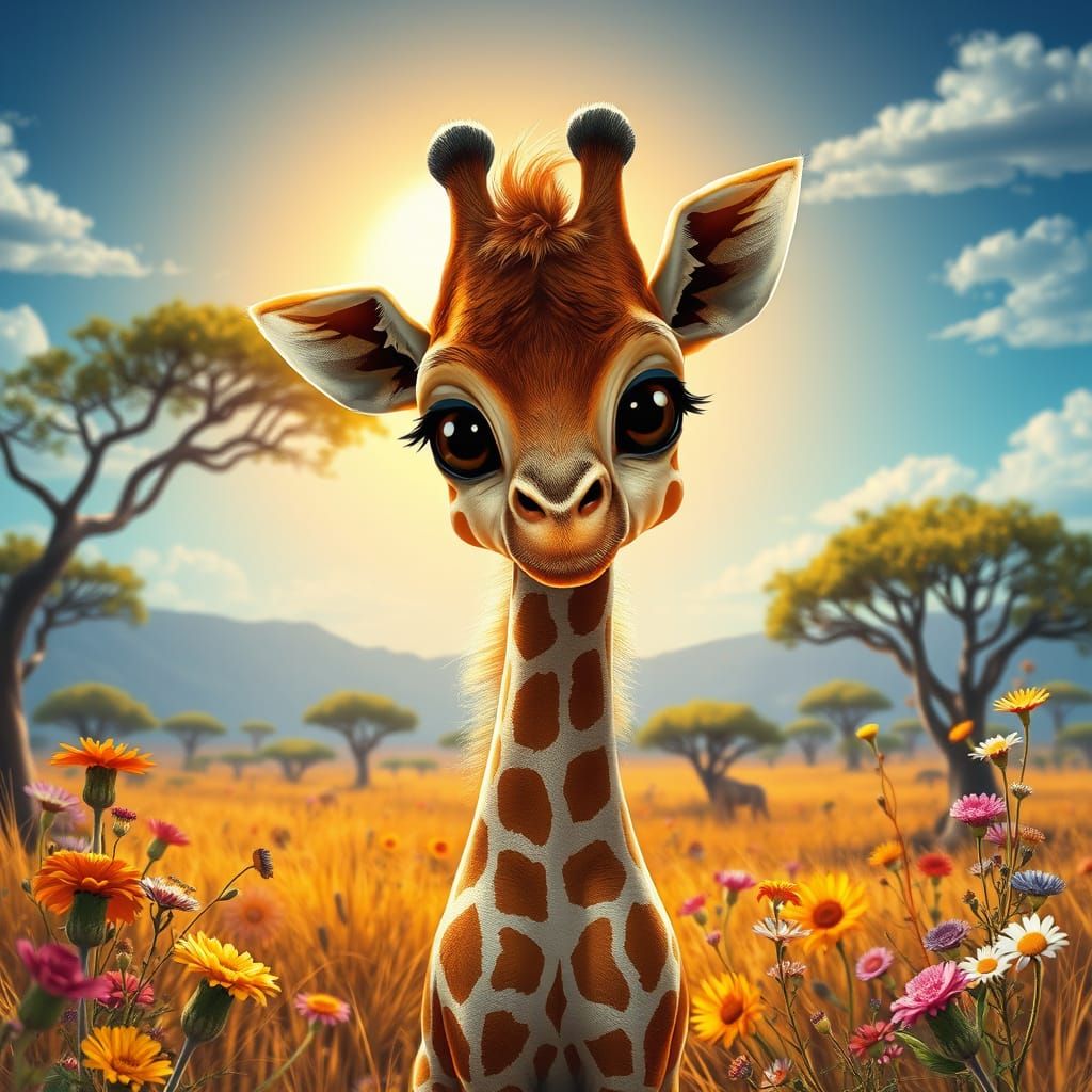 Vibrant Savanna Baby Giraffe in Whimsical Matte Painting