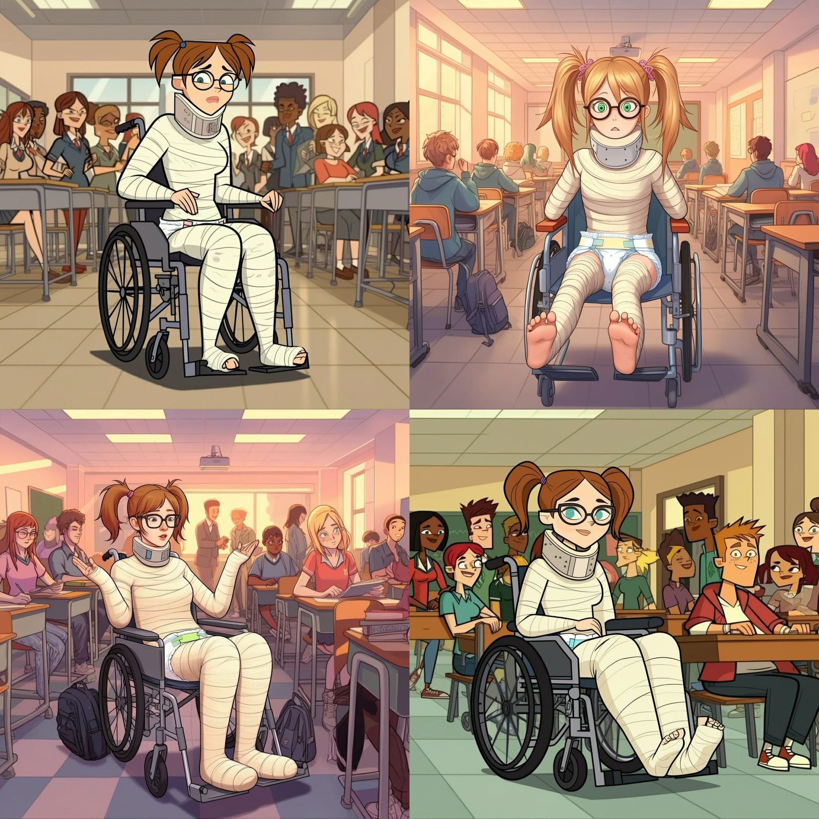 Cartoon Girl in Full Body Cast in Classroom