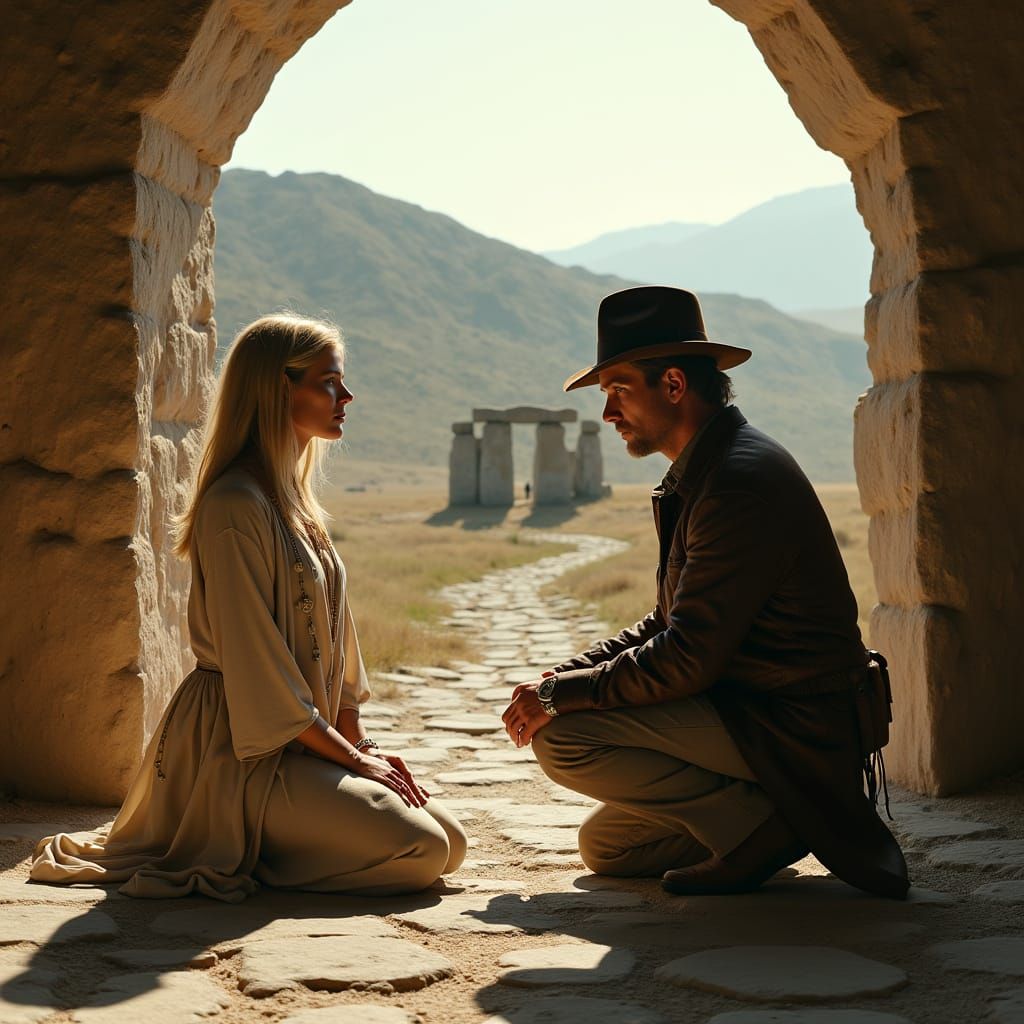 Woman Kneeling at Shrine with Indiana Jones and Stonehenge