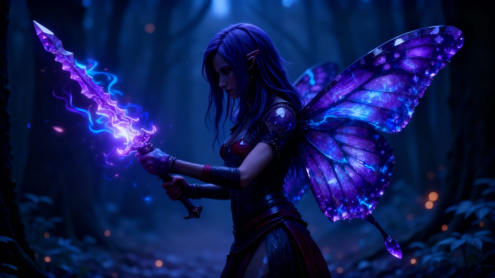 Fairy Warrior With Obsidian Dagger in Shadowed Forest