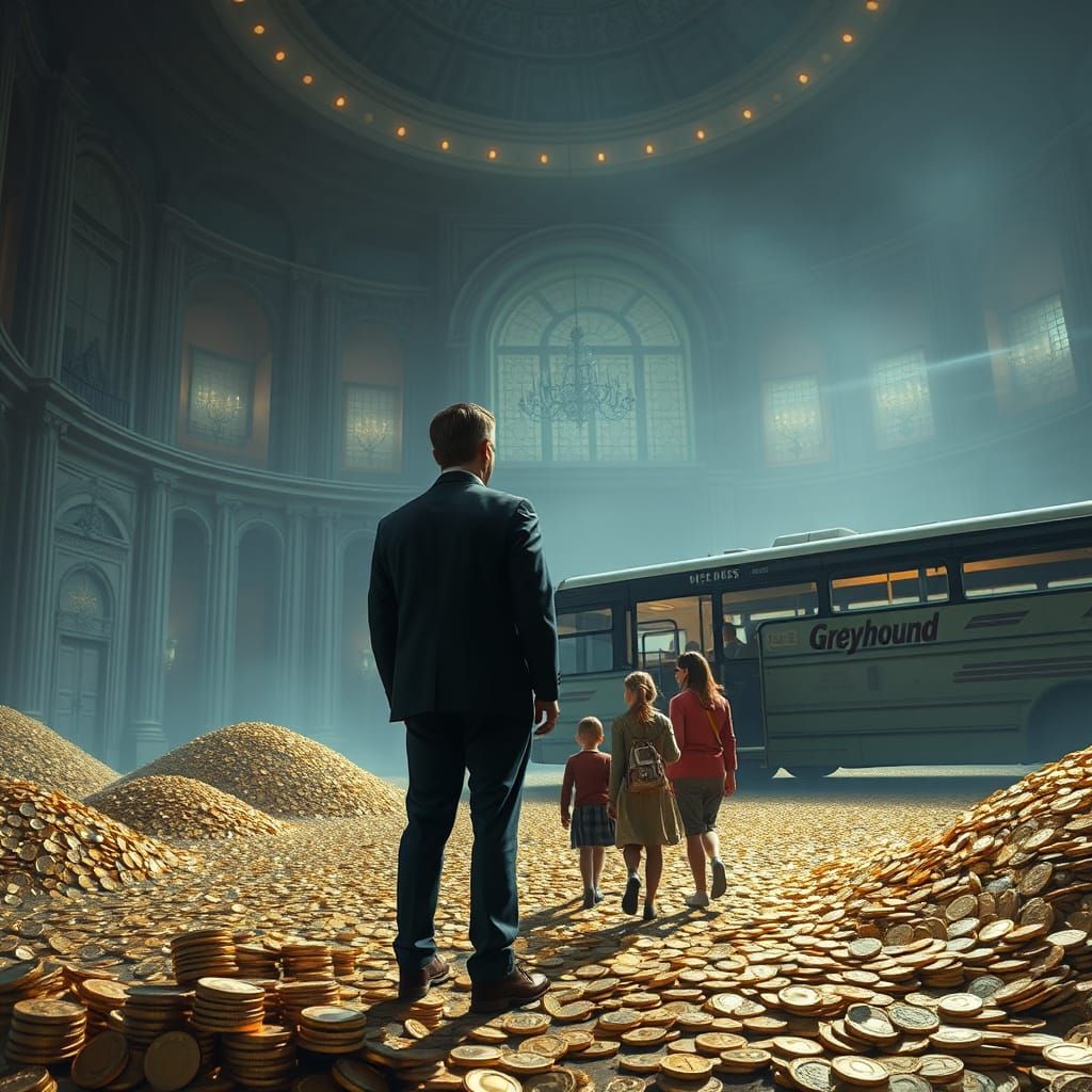 Lonely Businessman Amidst Gold Coins: Atmospheric Art
