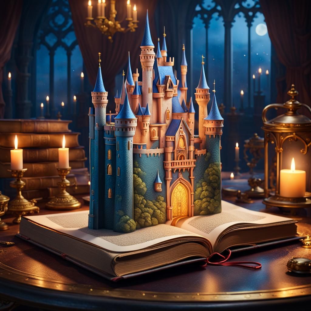 Fairytale Book with Gouache Castle in Candlelight