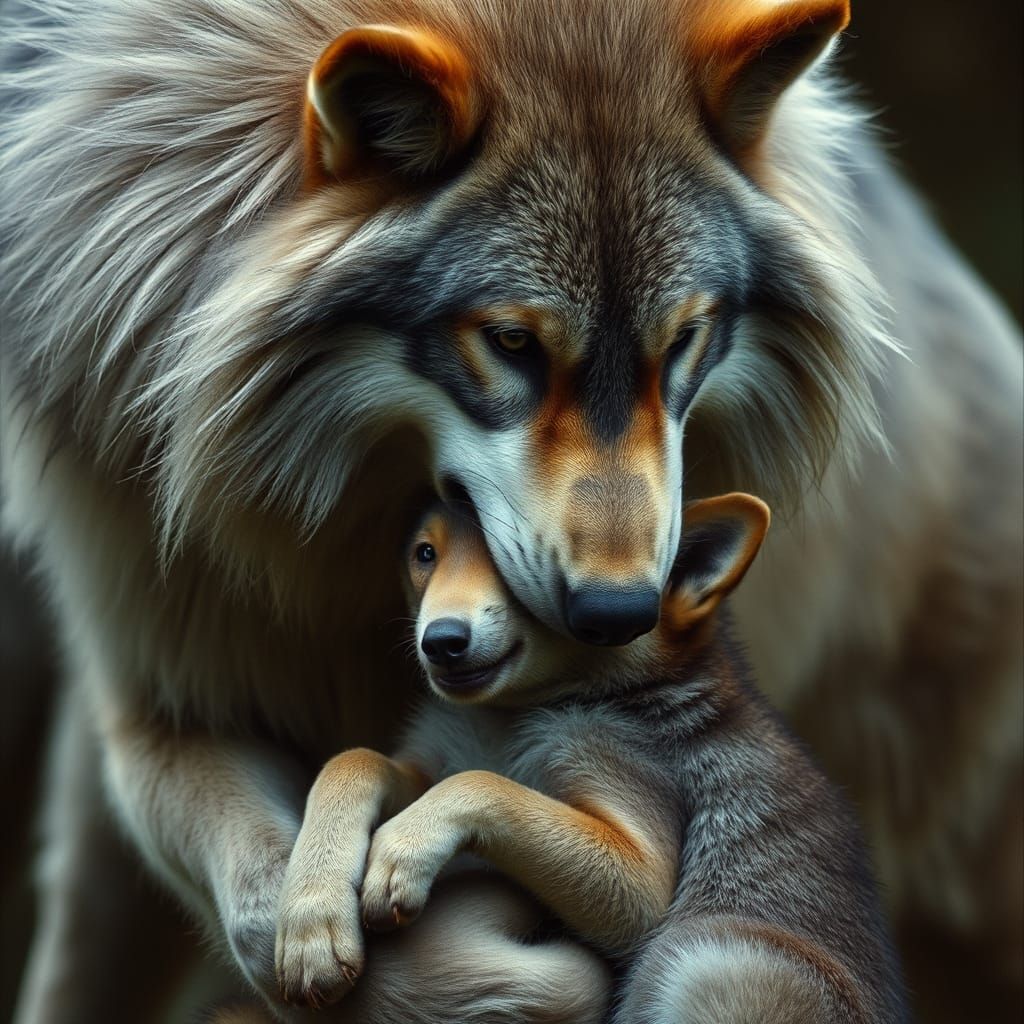 Tender Moment: Gray Wolf Cradles Baby Wolf