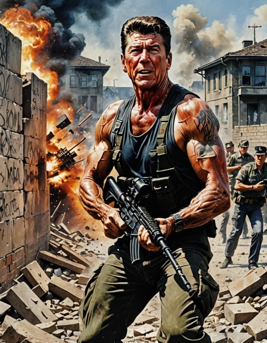 Reagan as Rambo Kicks Down Berlin Wall