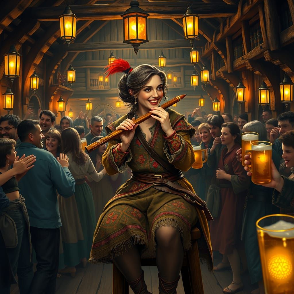 Medieval Tavern Scene in Vibrant, Warm Colors