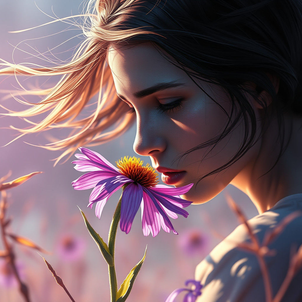 Windy Field Cornflower Illustration in Hyperdetailed Style