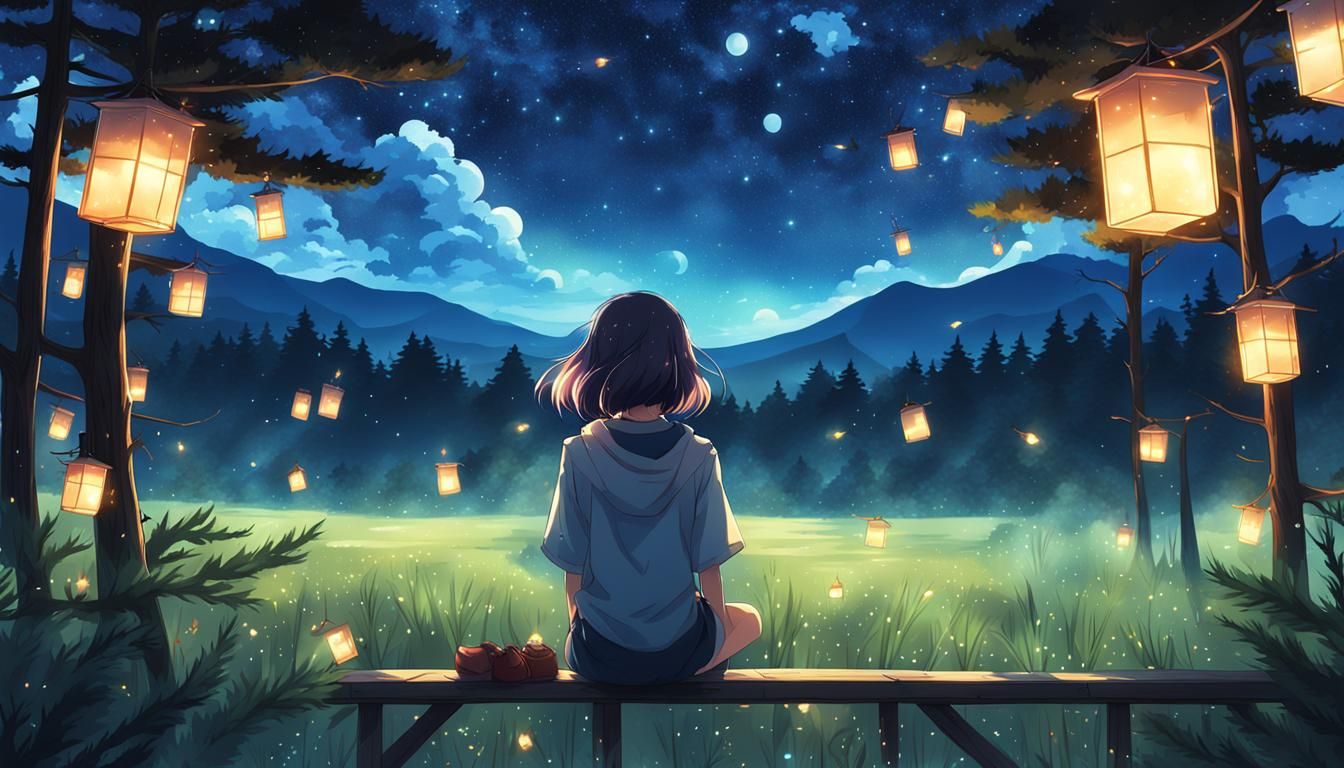 Anime Girl with Polaroid in Nostalgic Landscape