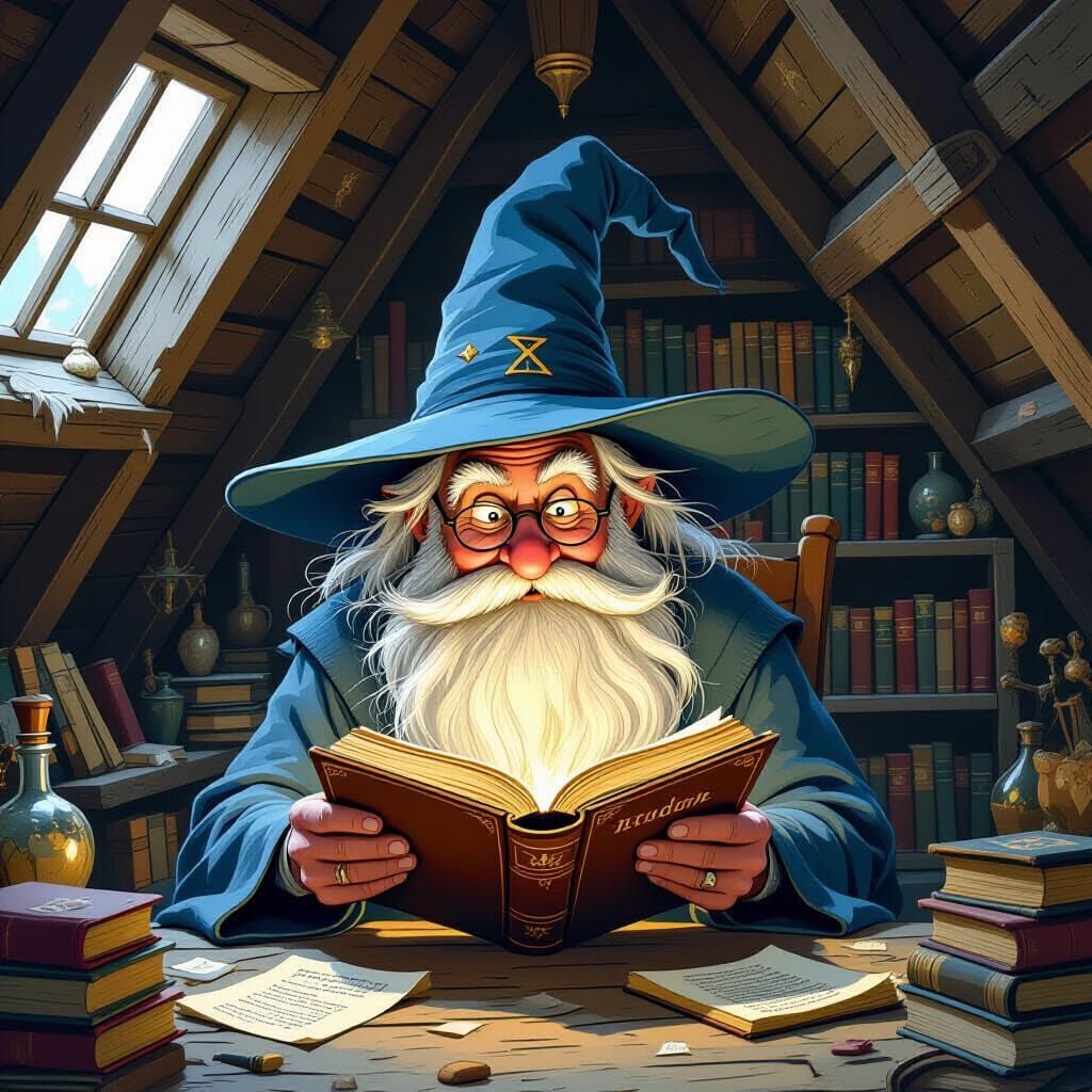 Elderly Wizard Reads Ancient Tome in Dusty Attic