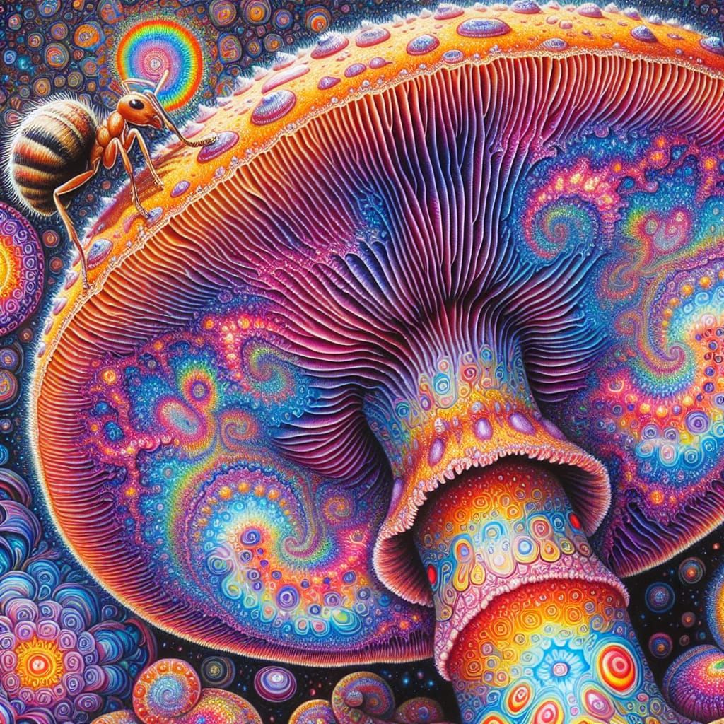 Psychedelic Magic Mushroom and Awestruck Ant