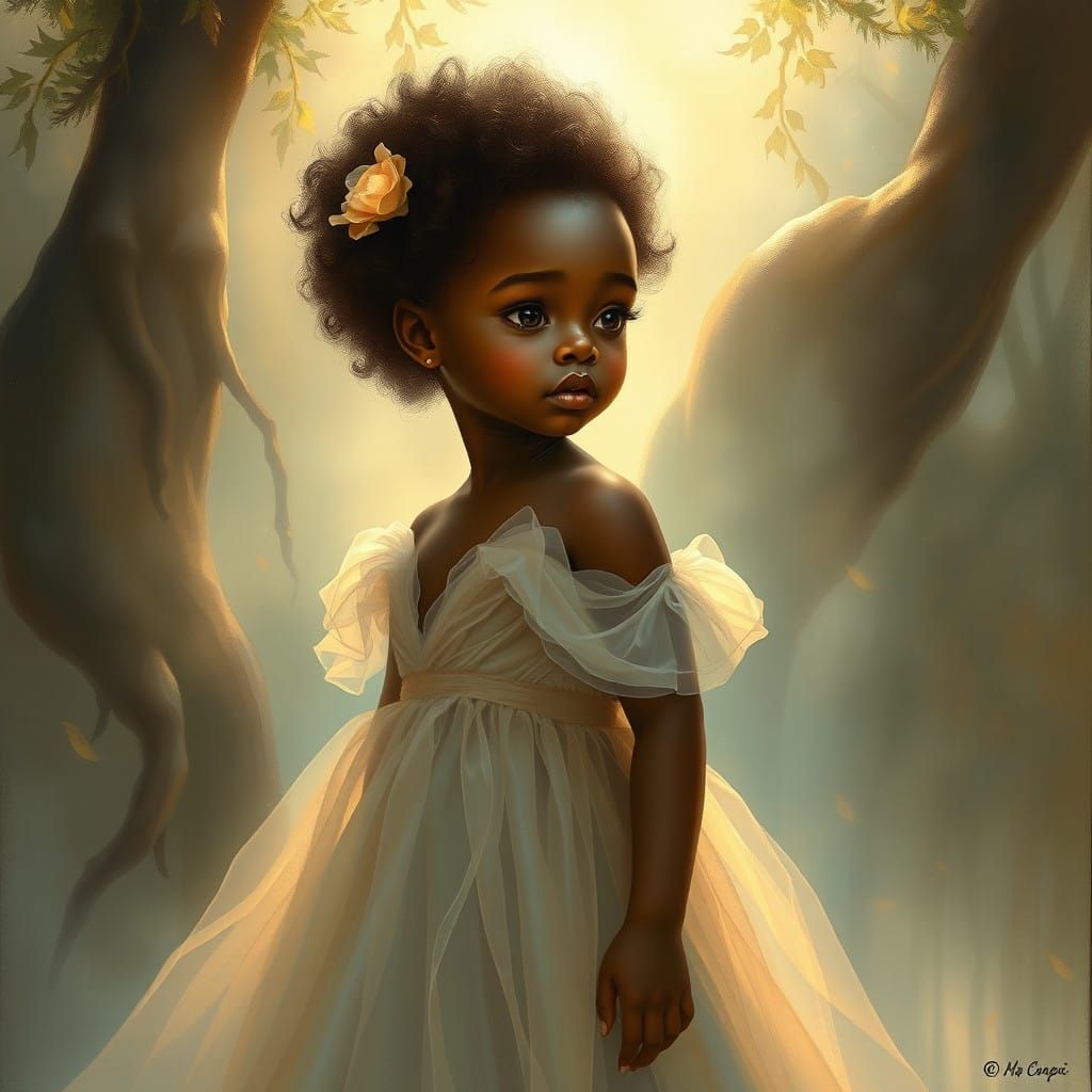 Golden-Eyed Ebony Goddess in Dreamy Art Nouveau Landscape