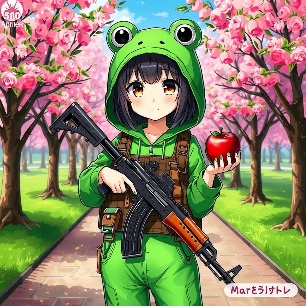 Anime Girl in Frog Kigurumi Holds AK-47 amidst Blossoming Ap...