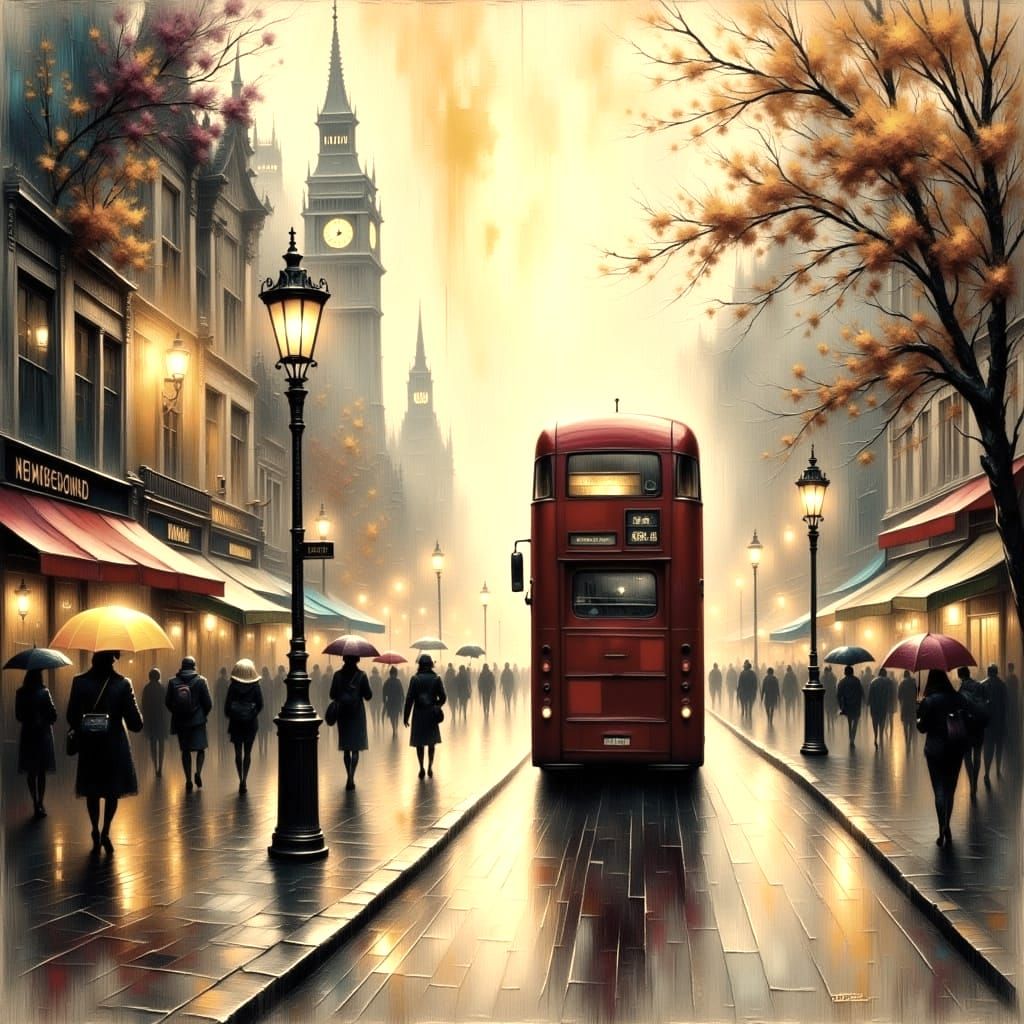 London Street Scene with Red Bus, Brush Strokes