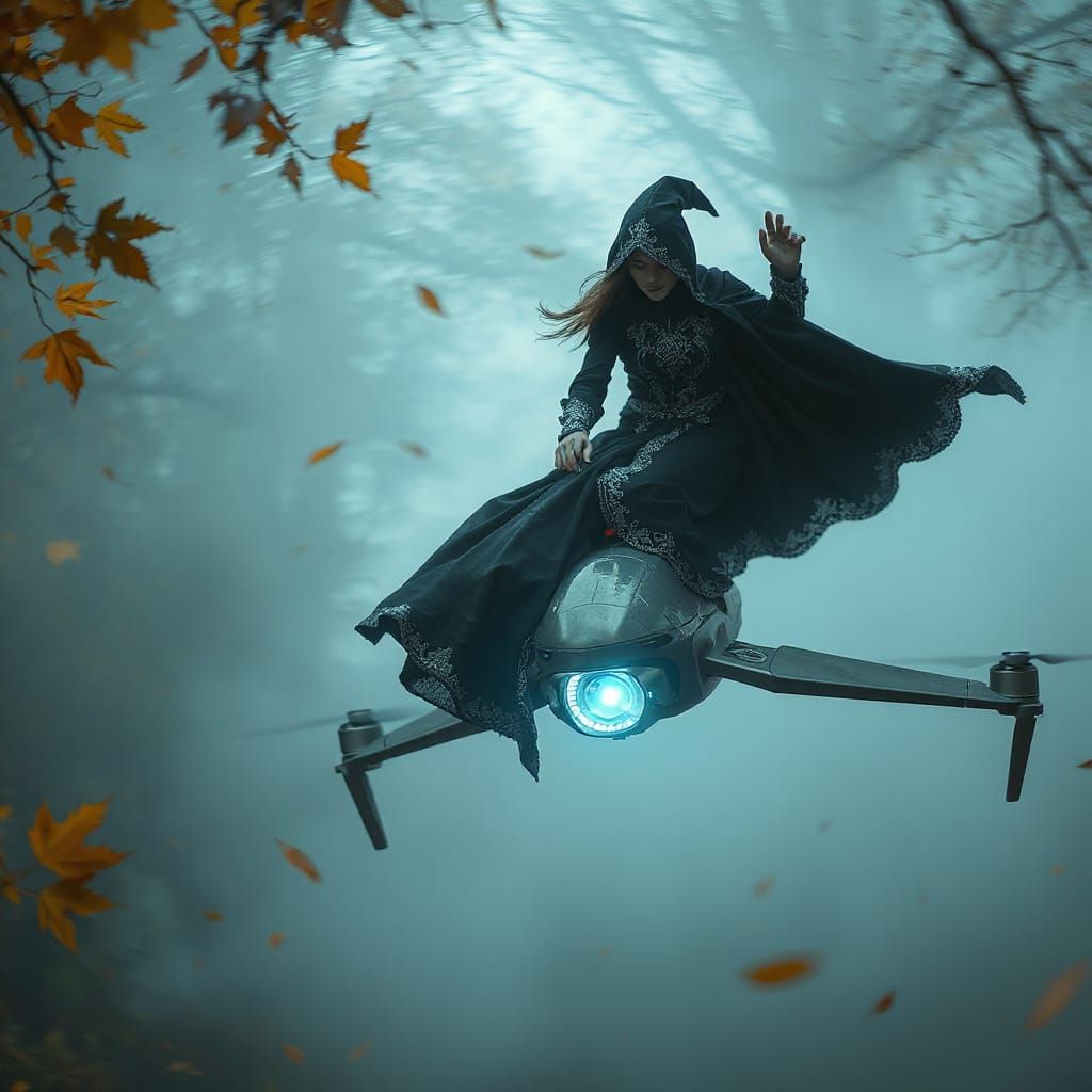 Witch Riding a Futuristic Drone in a Whirlwind of Autumn Lea...