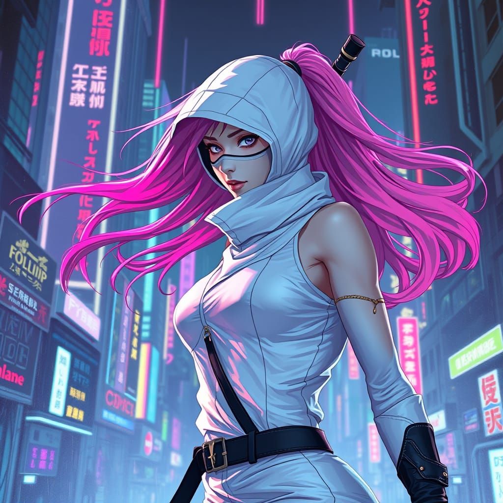 Cyberpunk Ninja with Pink Hair in Futuristic Cityscape