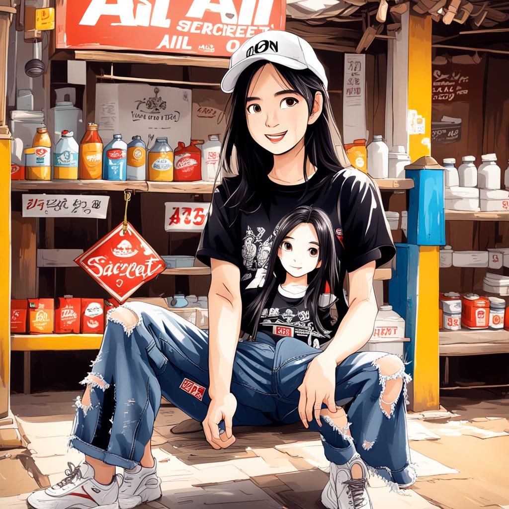Beautiful Thai Woman at Gas Station in Anime Style