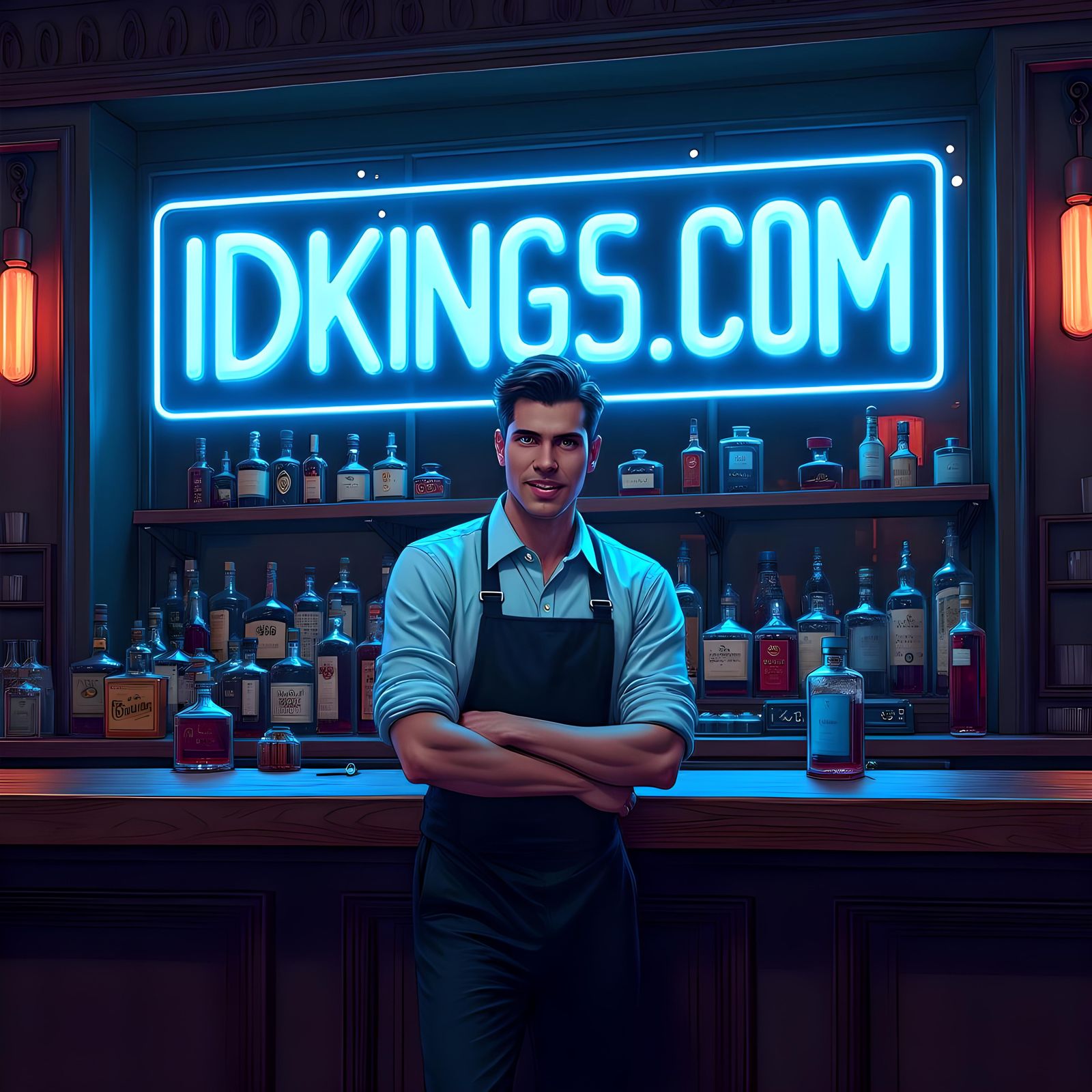 Bartender Holding ID with Neon Sign