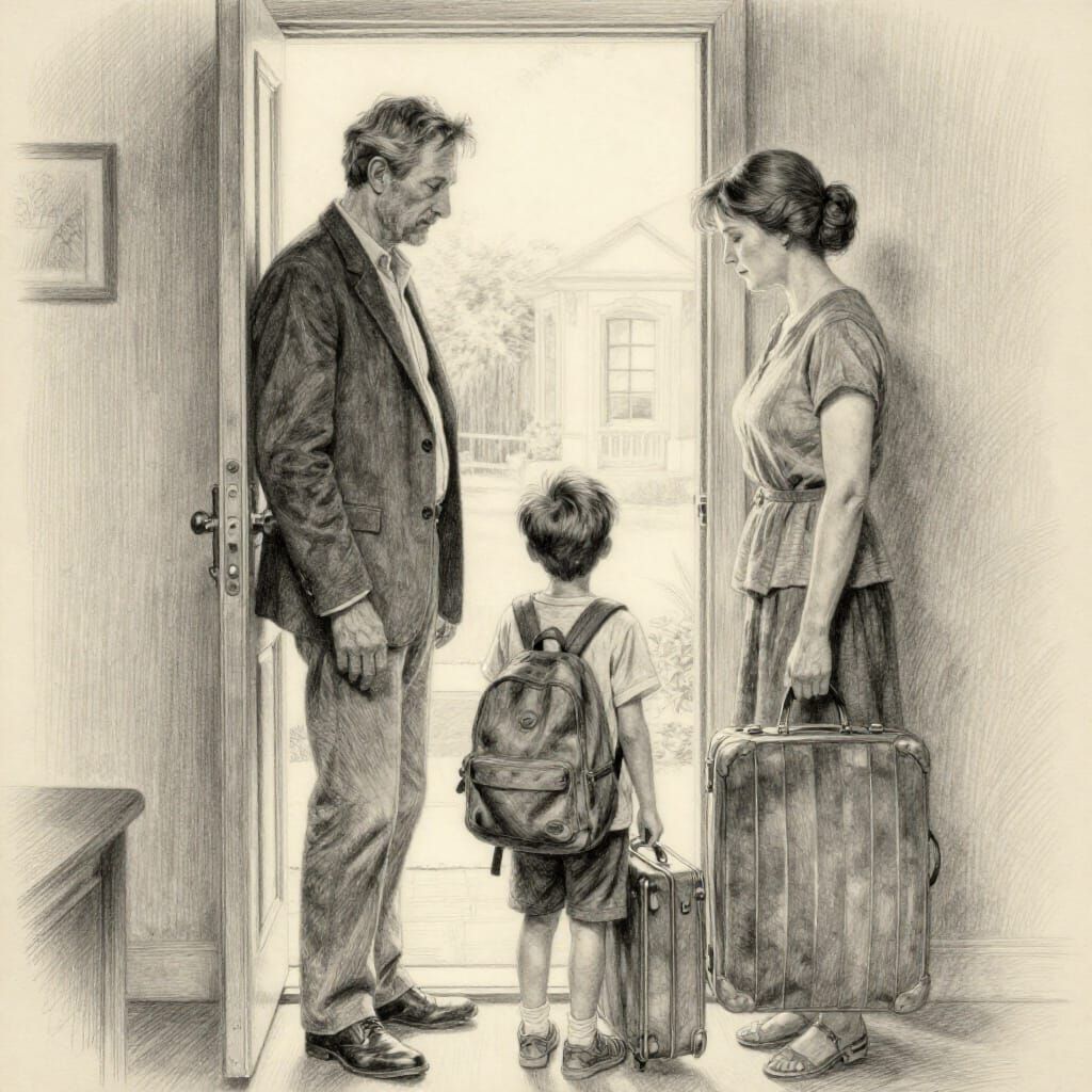 Tender Farewell at the Doorway in Pencil Drawing Style