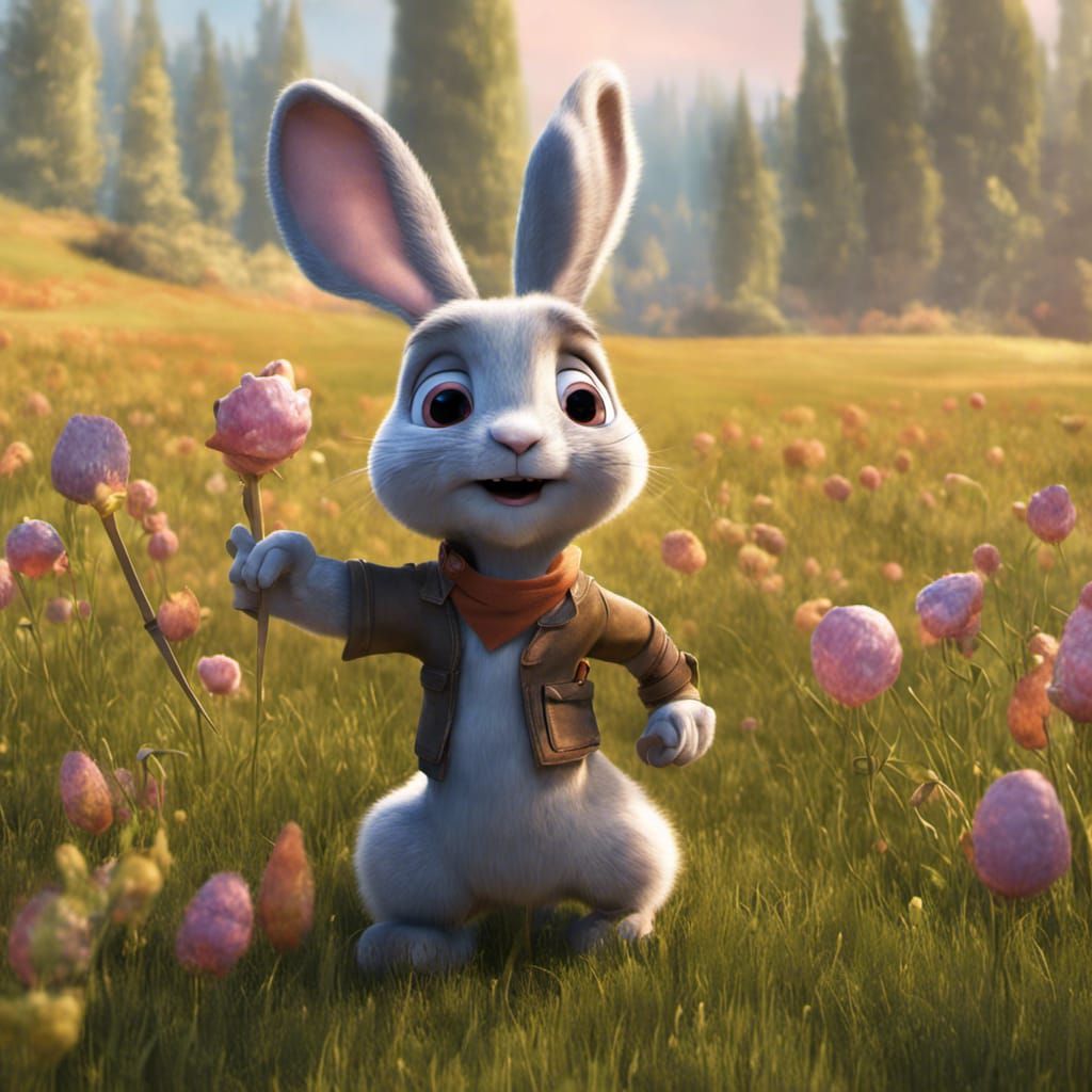 Rabbit in Field: Pixar-Style 3D Digital Art
