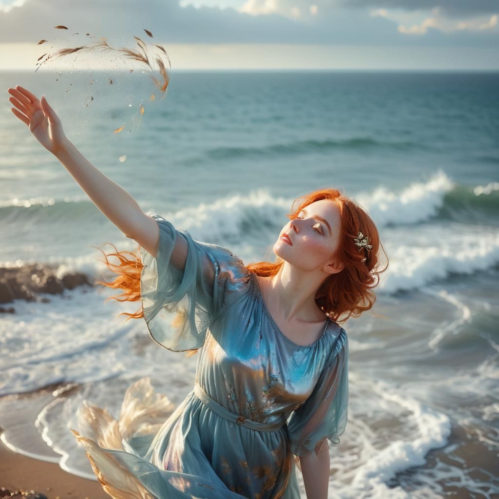 Romantic Portrait of Redhead by Sea in Waterhouse Style