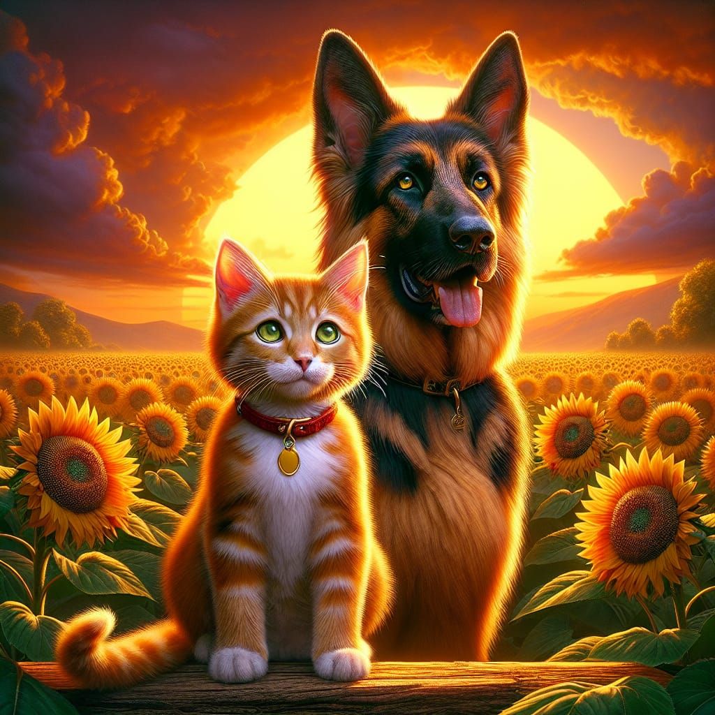Ginger Kitten and German Shepherd Amidst Sunflowers