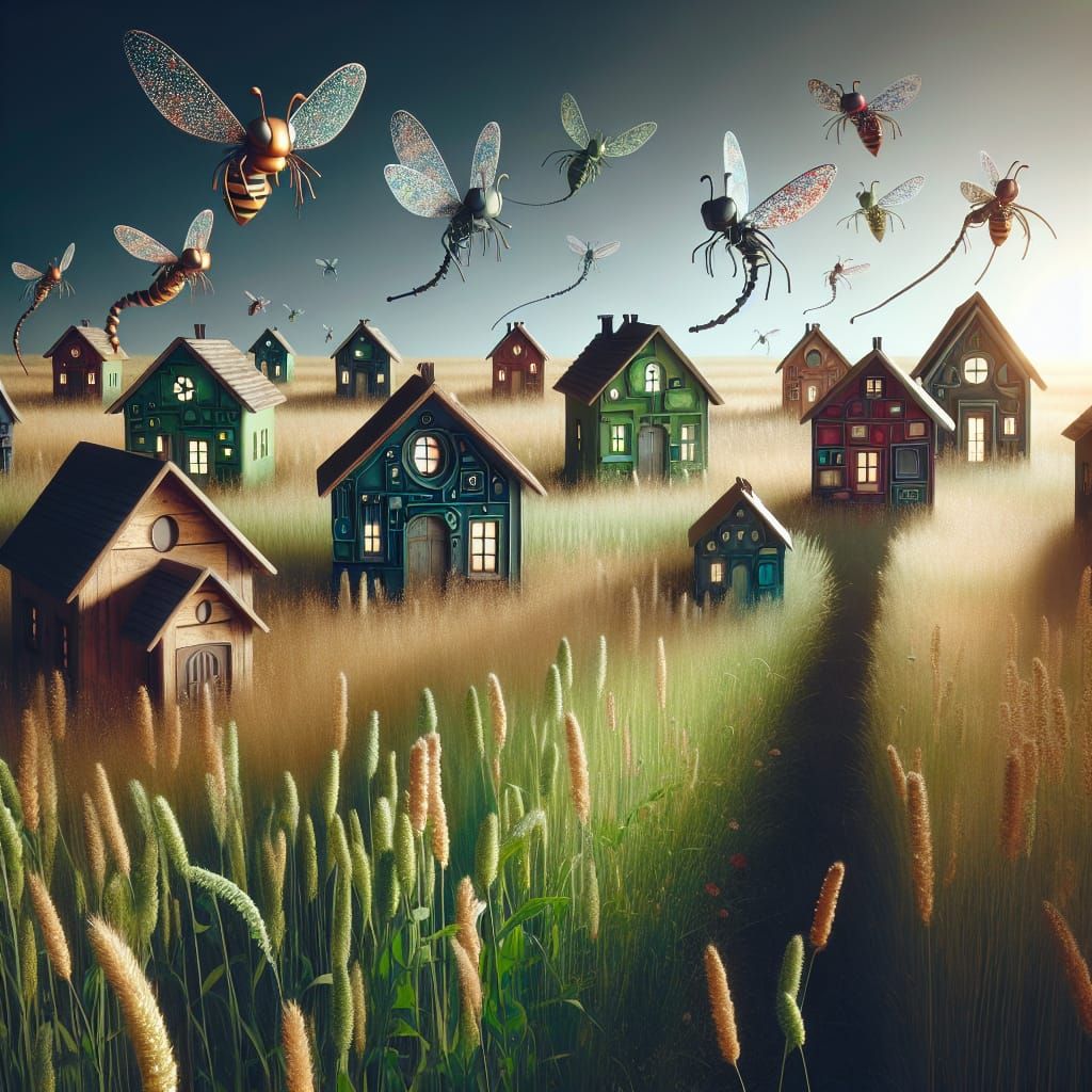Surreal Field of Tiny Houses and Winged Creatures