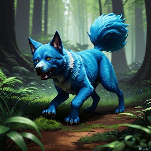 Blue Dog Runs Through Forest in Oil Painting Style